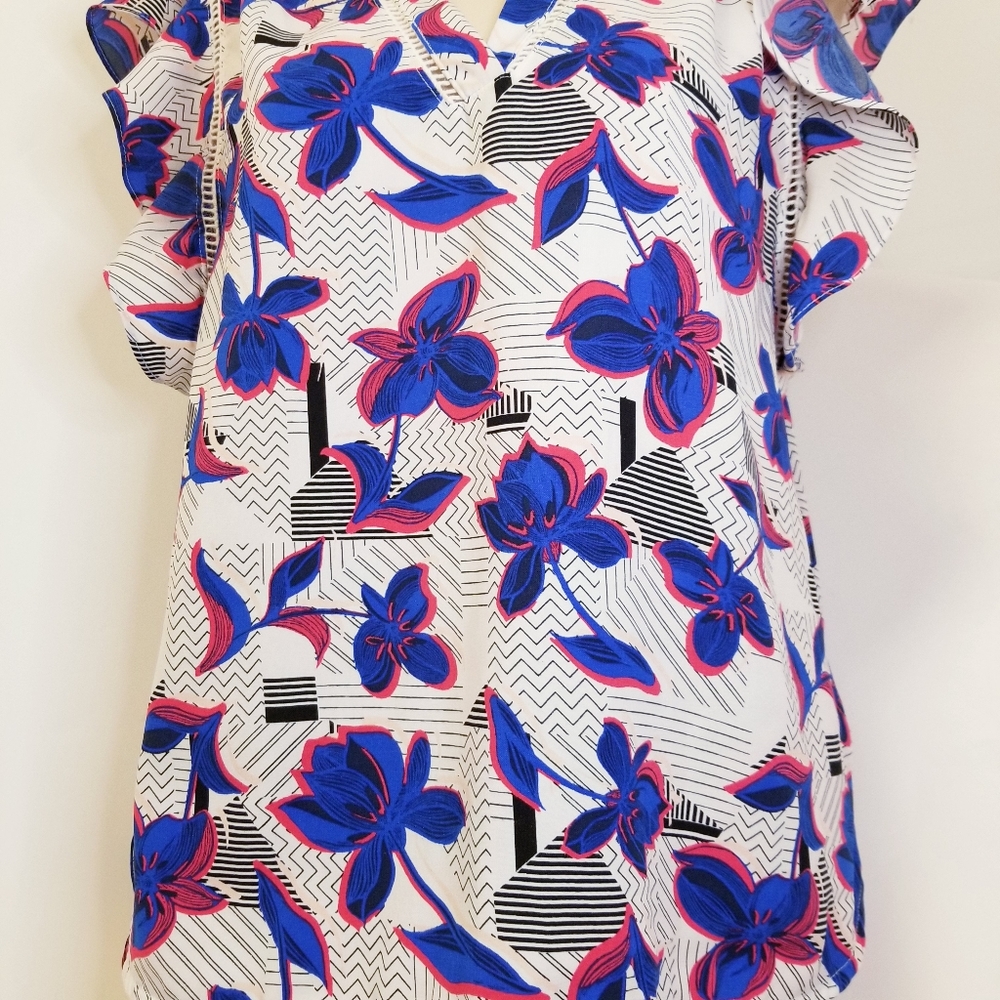 Halogen Floral Flutter Ruffle Sleeve V-Neck Shirt - Picture 3 of 5